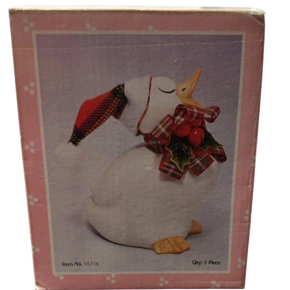 Vintage Holiday Ceramic Duck Figurine W/ Hat & Plaid Scarf White/Yellow 7"